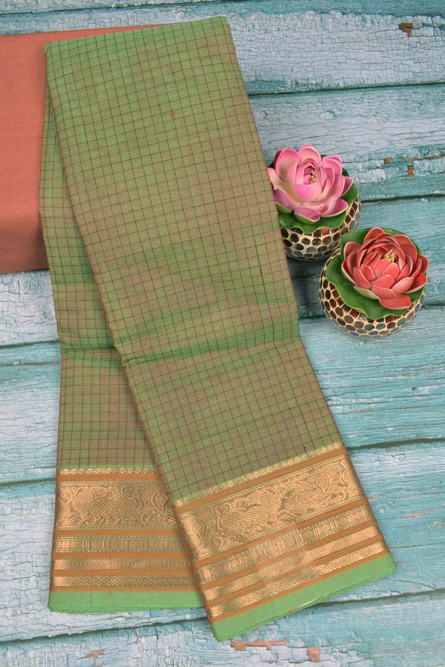 Green Kanjivaram Pure Cotton Kattam Zari Yazhi Border Zari Pallu Saree