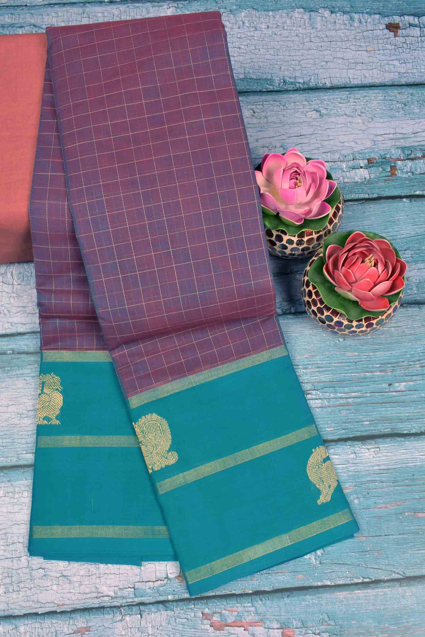 Voilet Kanjivaram Pure Cotton Kattam Blue Vanasingaram  Border Rich Pallu Saree