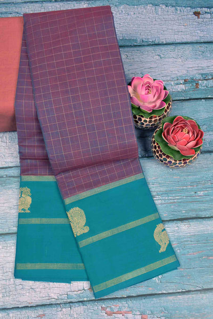 Voilet Kanjivaram Pure Cotton Kattam Blue Vanasingaram  Border Rich Pallu Saree