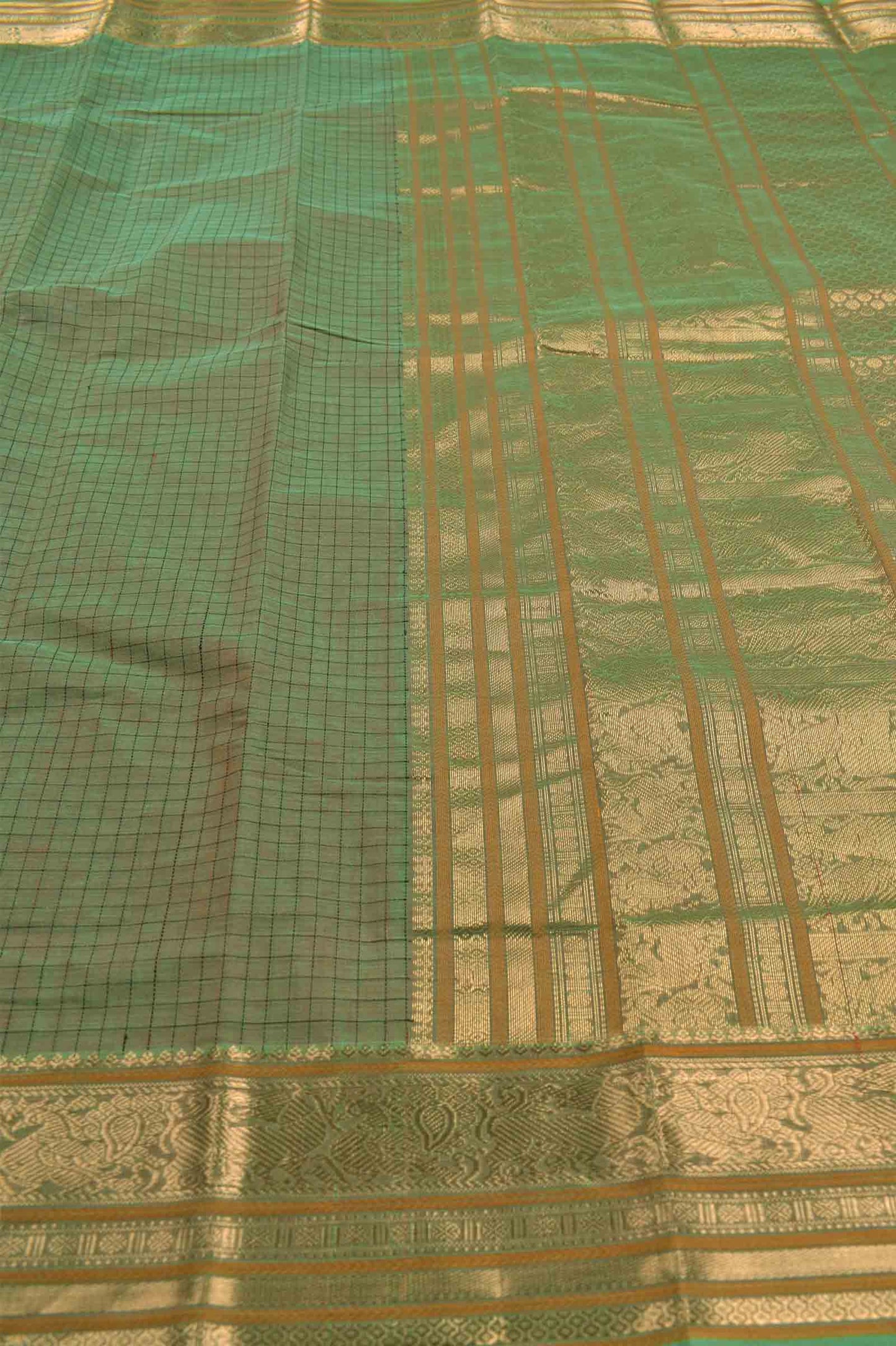 Green Kanjivaram Pure Cotton Kattam Zari Yazhi Border Zari Pallu Saree