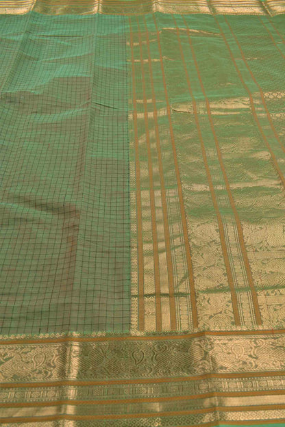 Green Kanjivaram Pure Cotton Kattam Zari Yazhi Border Zari Pallu Saree