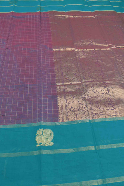 Voilet Kanjivaram Pure Cotton Kattam Blue Vanasingaram  Border Rich Pallu Saree