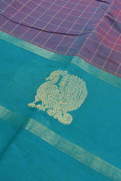 Voilet Kanjivaram Pure Cotton Kattam Blue Vanasingaram  Border Rich Pallu Saree