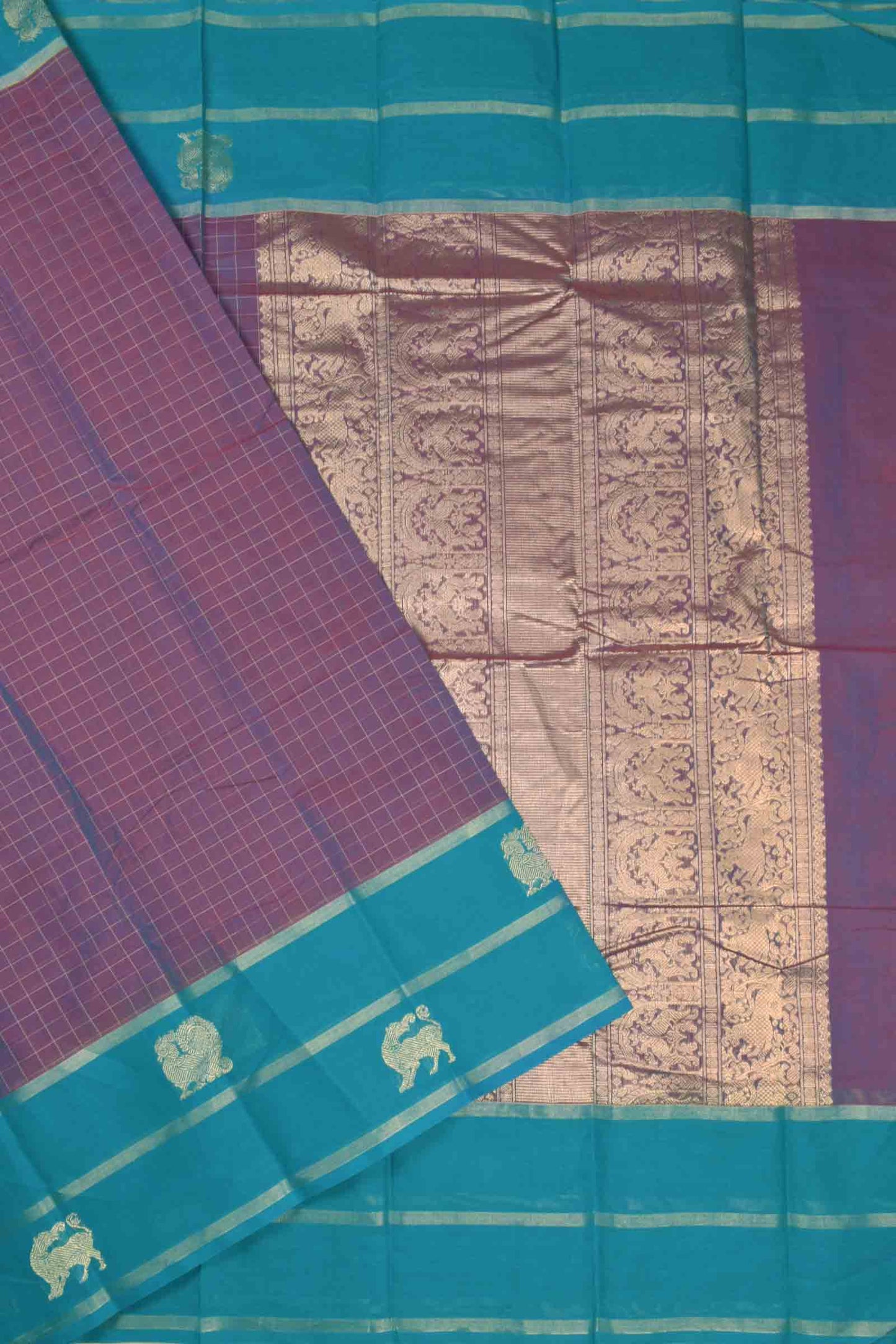 Voilet Kanjivaram Pure Cotton Kattam Blue Vanasingaram  Border Rich Pallu Saree