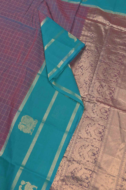 Voilet Kanjivaram Pure Cotton Kattam Blue Vanasingaram  Border Rich Pallu Saree