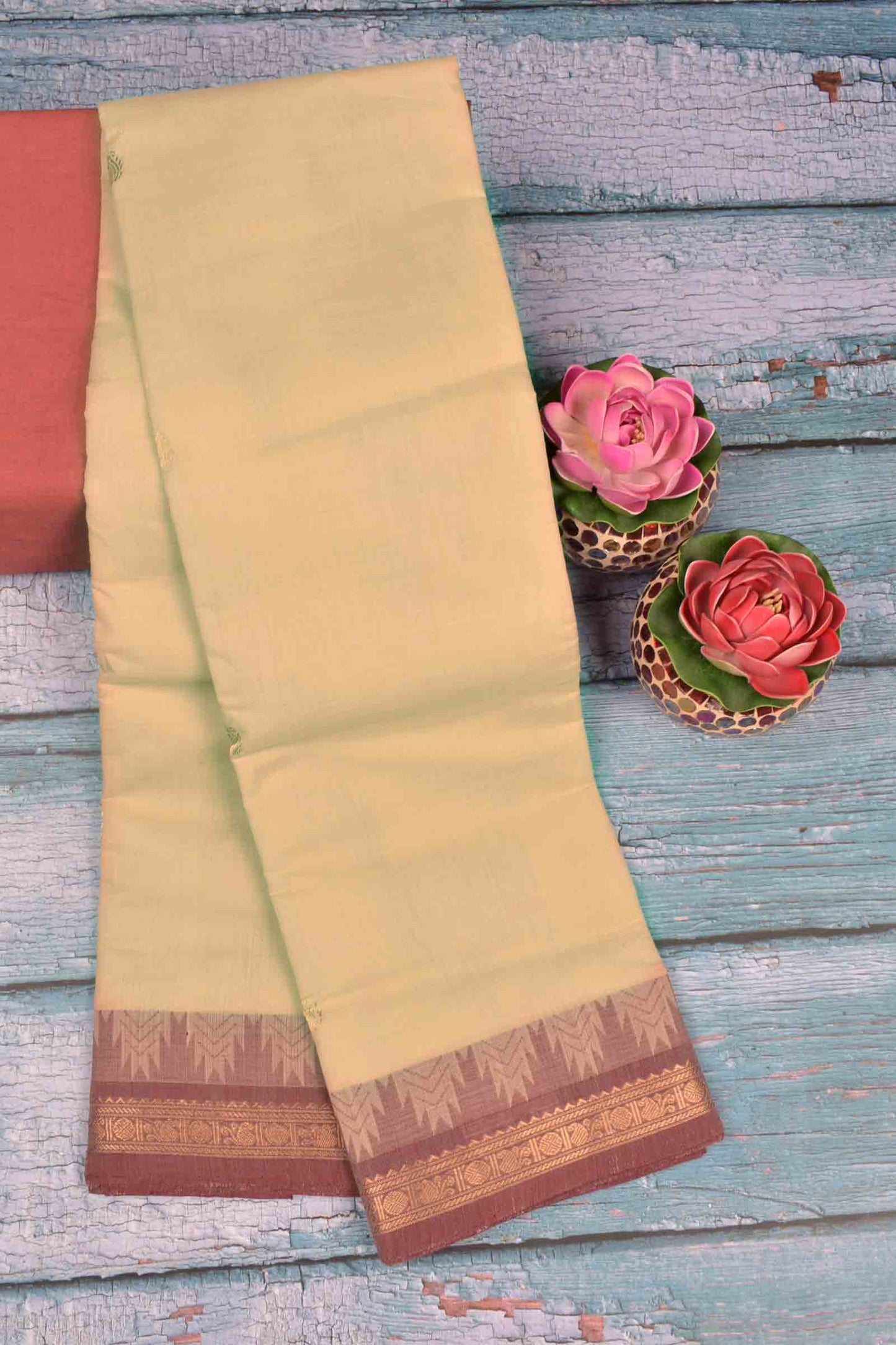 Sandal Kanjivaram Pure Cotton Mini Butta Temple Border Zari Pallu Saree