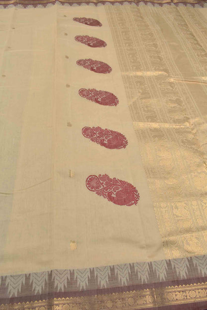 Sandal Kanjivaram Pure Cotton Mini Butta Temple Border Zari Pallu Saree