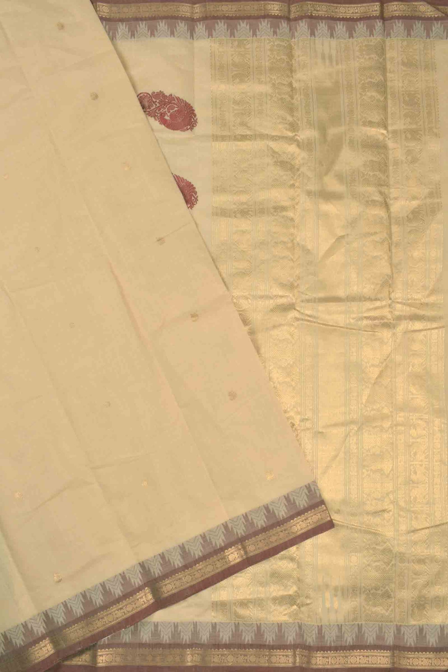Sandal Kanjivaram Pure Cotton Mini Butta Temple Border Zari Pallu Saree