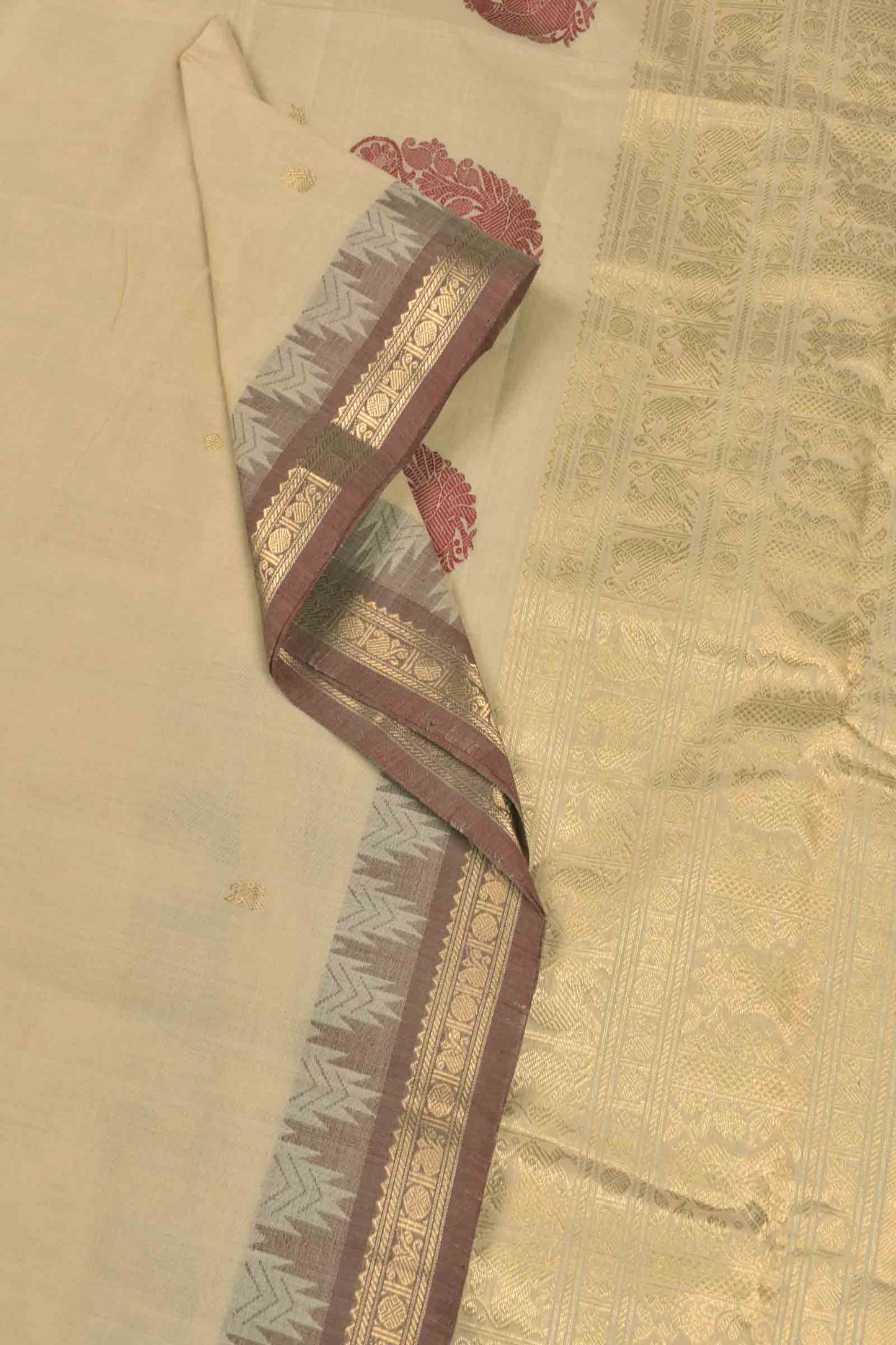 Sandal Kanjivaram Pure Cotton Mini Butta Temple Border Zari Pallu Saree