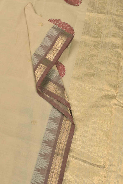 Sandal Kanjivaram Pure Cotton Mini Butta Temple Border Zari Pallu Saree