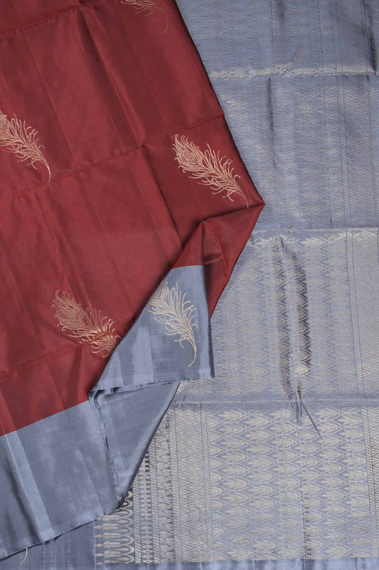 Maroon Pure Soft Silk Feather Butta Contrast Border Pallu  Saree NAA208