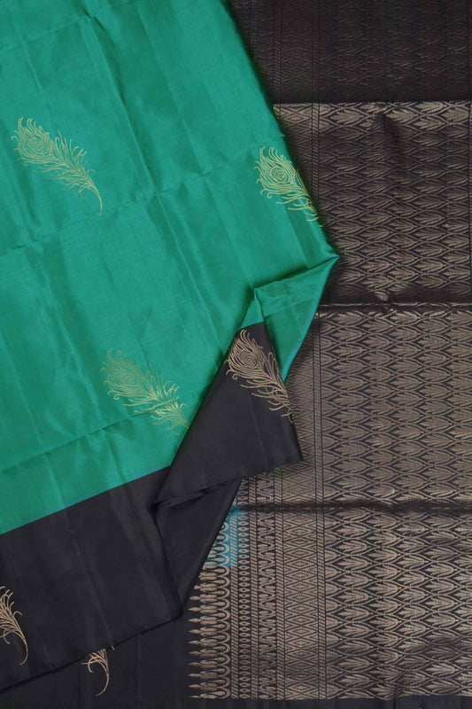 Green's Blue Pure Soft Silk Feather Butta Contrast Border Pallu  Saree NAA209