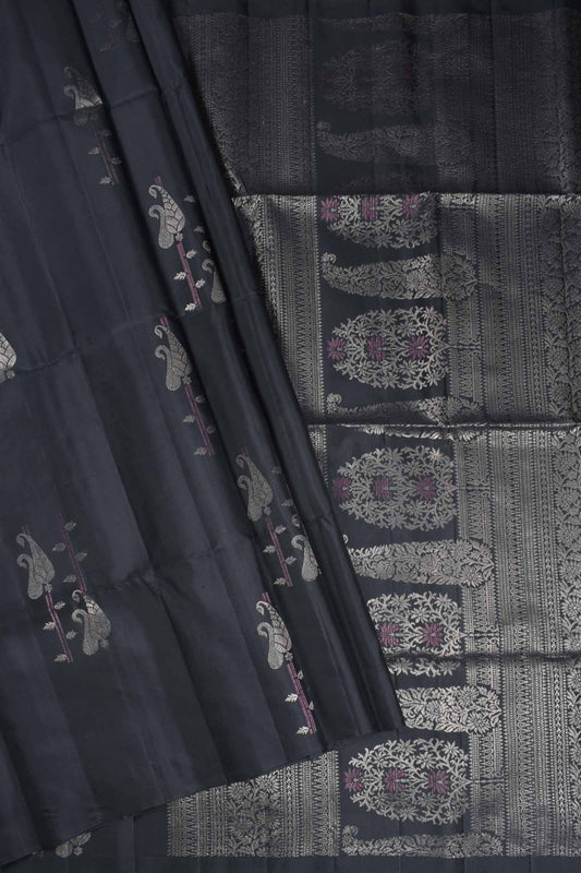 Black Pure Soft Silk Fancy Mango Butta Mango Flowers Pallu Saree NAA207