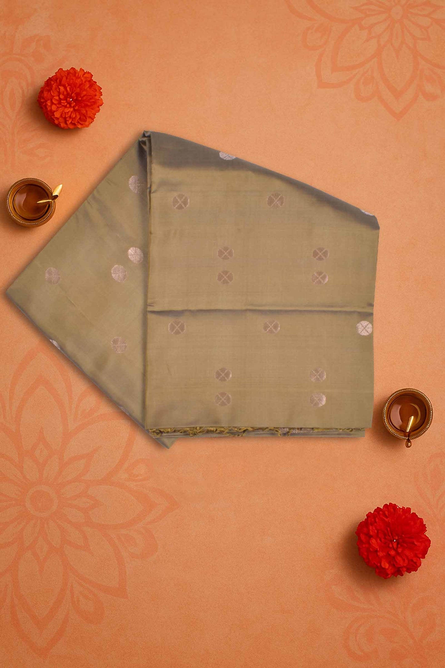 Olive Green Pure Soft Silk Round Shape Butta Flowers Border Mango Zari Pallu Saree NAA182