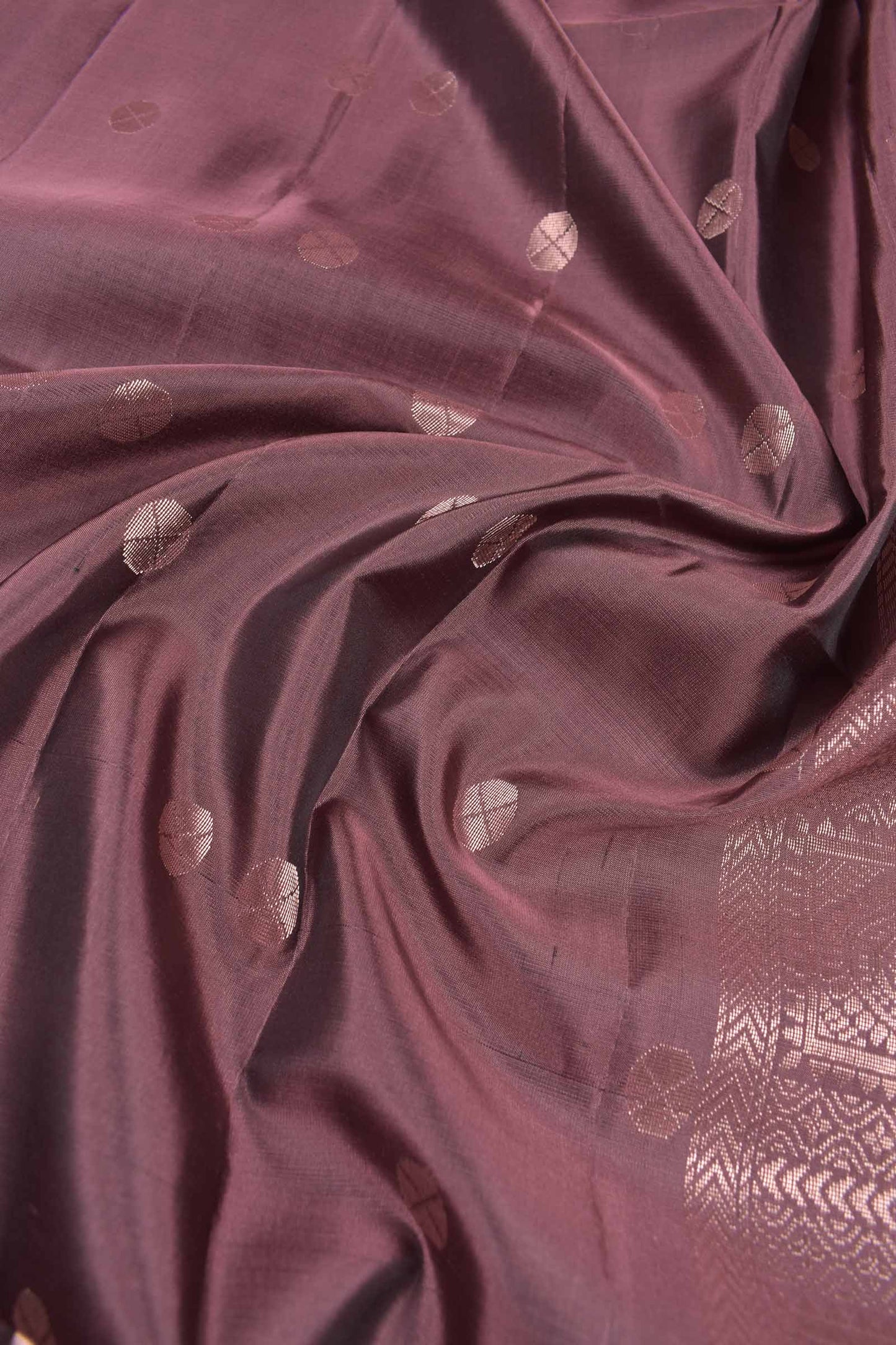 Mauve Taupe Pure Soft Silk Round Shape Butta Flowers Border Mango Zari Pallu Saree NAA181