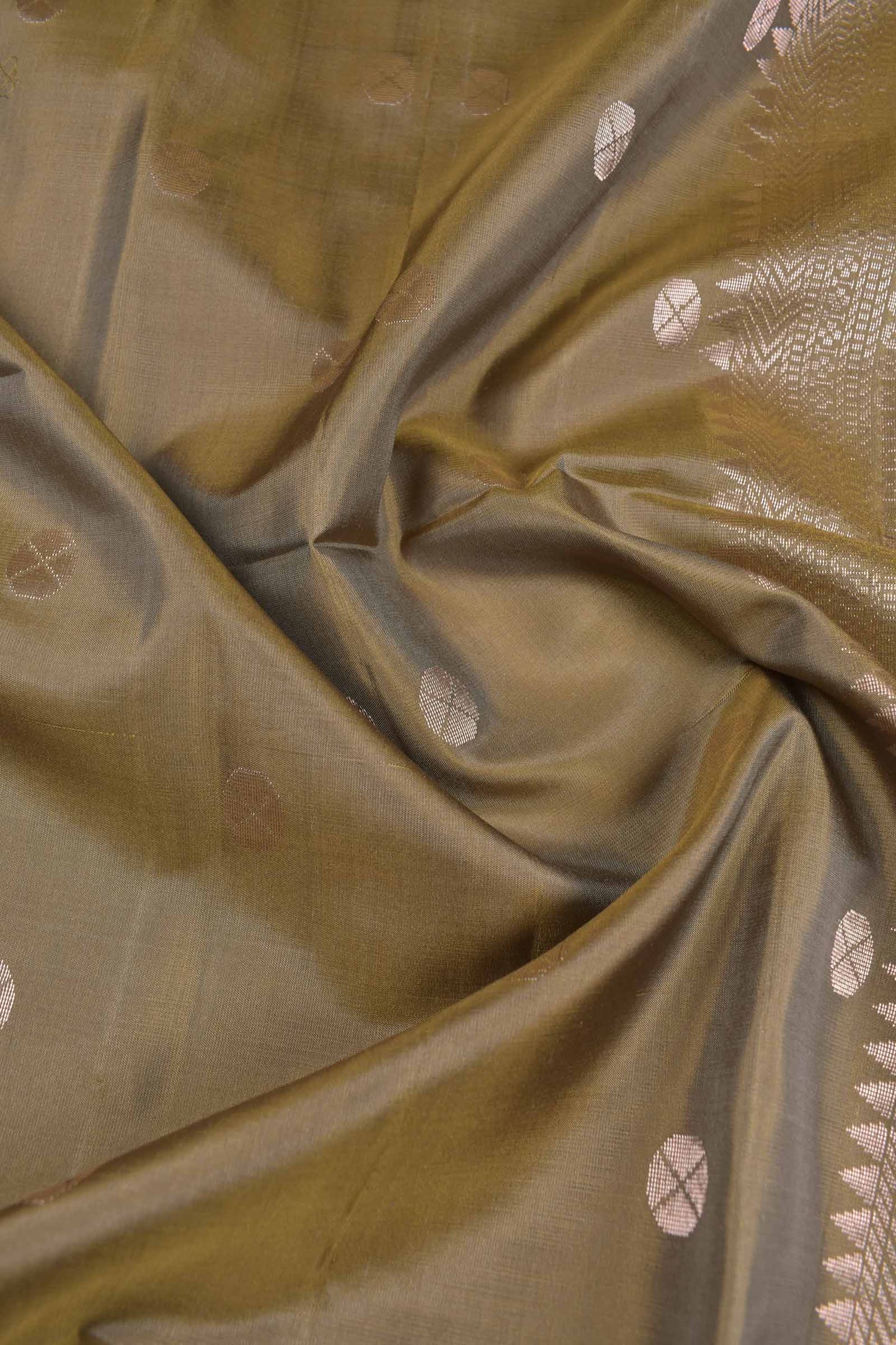 Olive Green Pure Soft Silk Round Shape Butta Flowers Border Mango Zari Pallu Saree NAA182