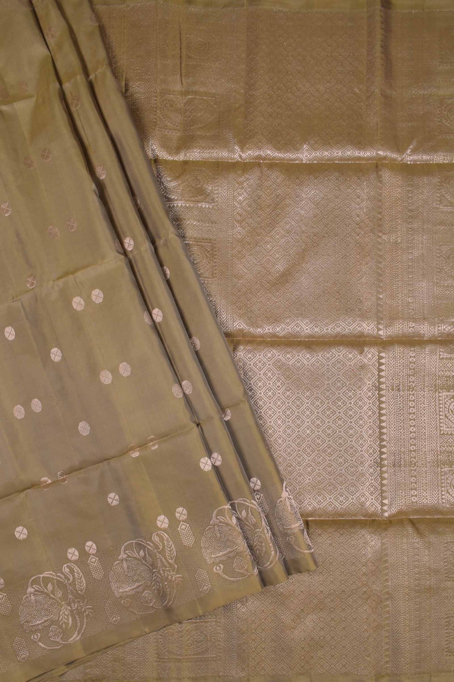 Olive Green Pure Soft Silk Round Shape Butta Flowers Border Mango Zari Pallu Saree NAA182