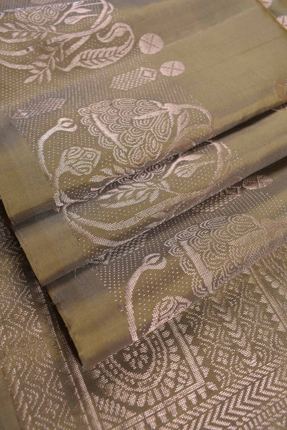 Olive Green Pure Soft Silk Round Shape Butta Flowers Border Mango Zari Pallu Saree NAA182