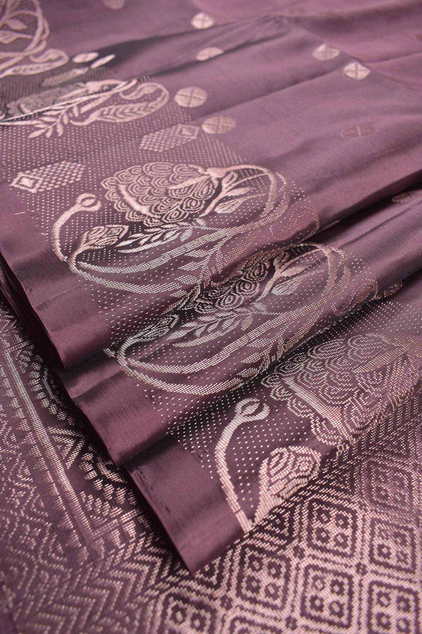 Mauve Taupe Pure Soft Silk Round Shape Butta Flowers Border Mango Zari Pallu Saree NAA181