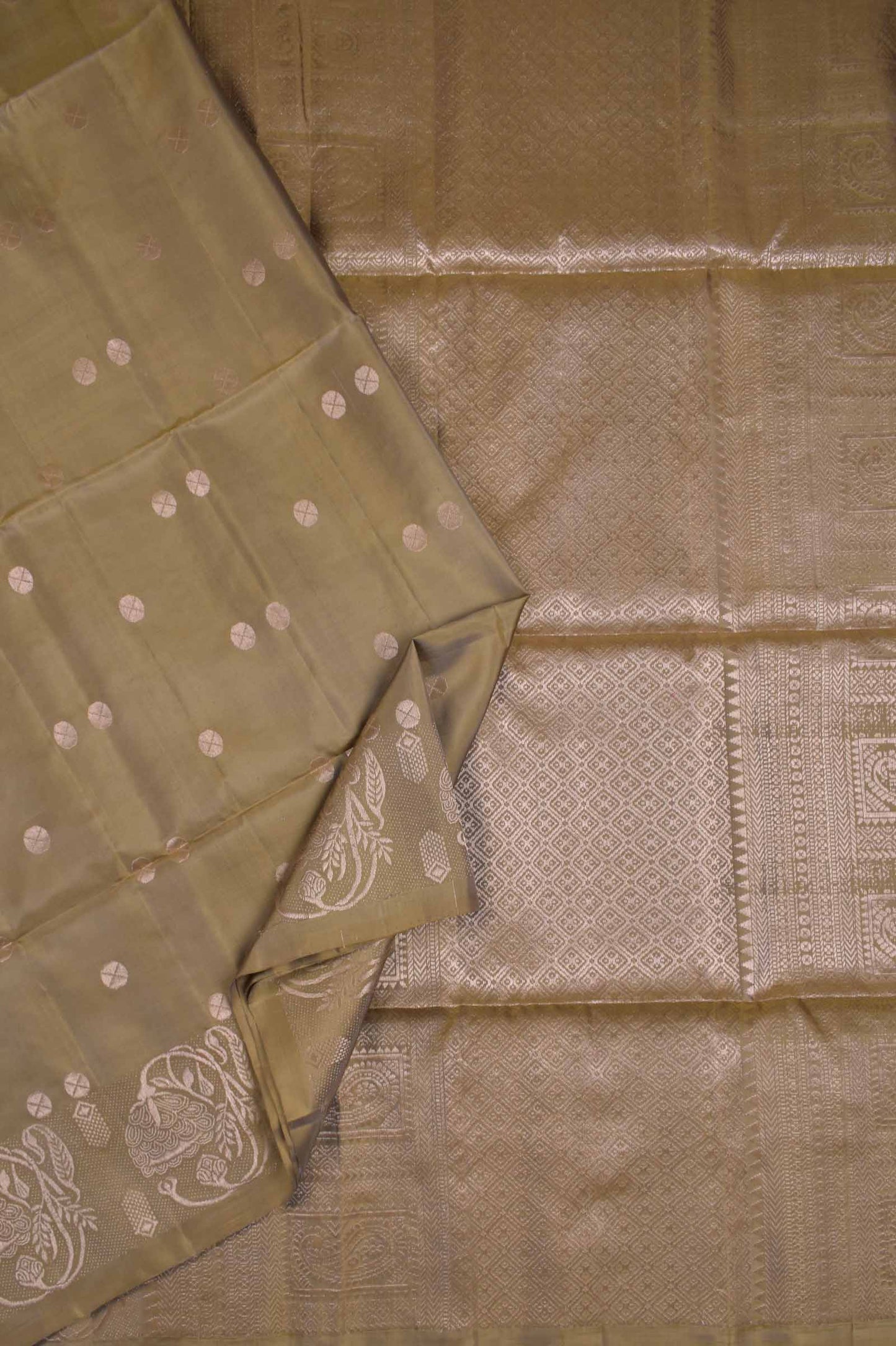 Olive Green Pure Soft Silk Round Shape Butta Flowers Border Mango Zari Pallu Saree NAA182