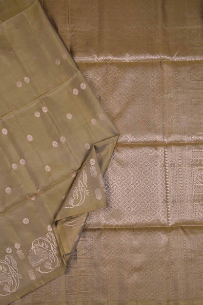 Olive Green Pure Soft Silk Round Shape Butta Flowers Border Mango Zari Pallu Saree NAA182