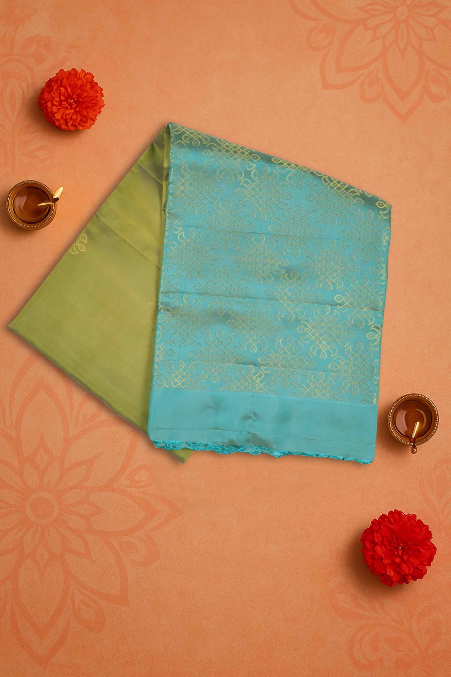 Olive Green Pure Soft Silk Kolam Butta Contrast Blue Border Kolam Pallu  Saree NAA198