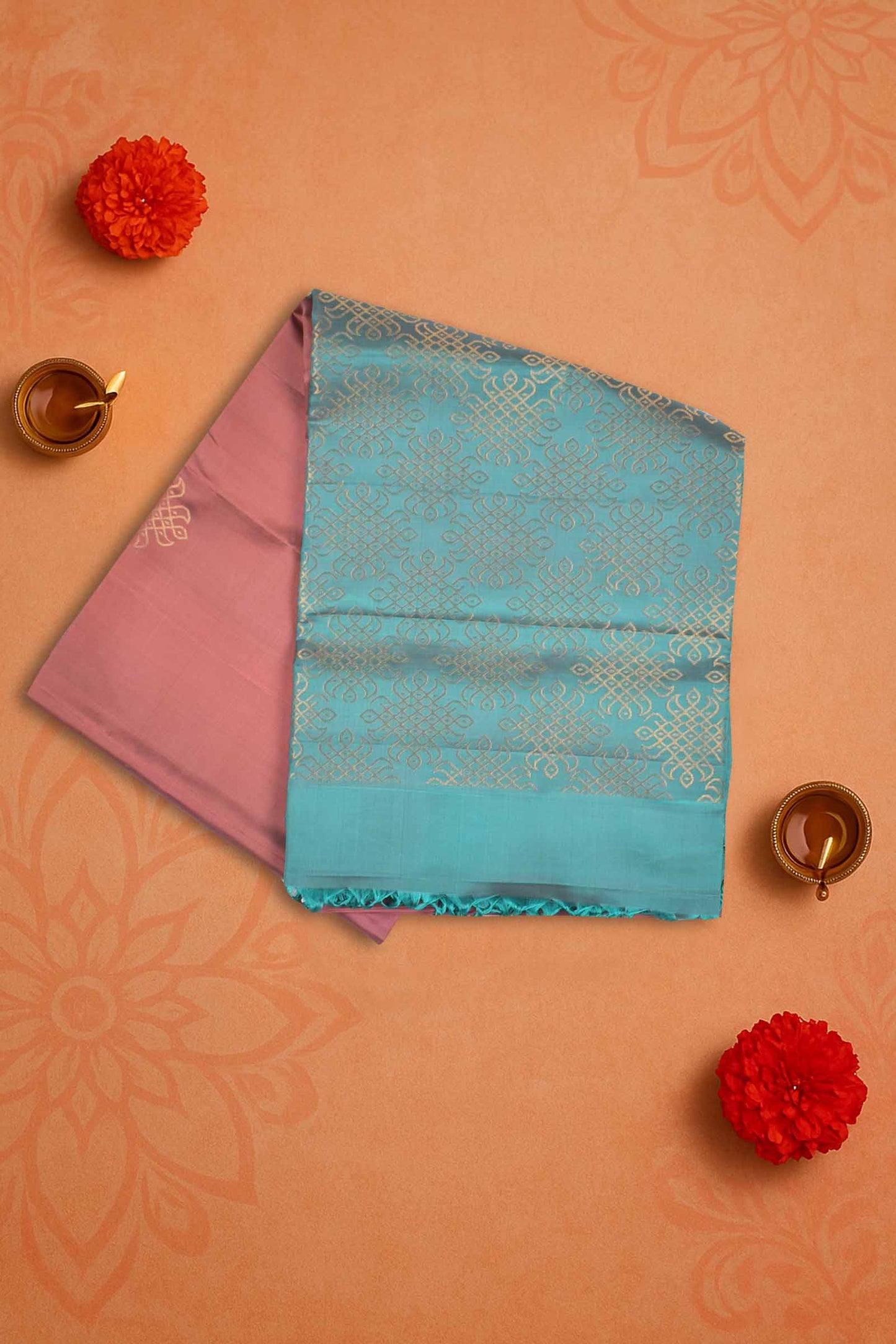 Cherry Pink  Pure Soft Silk Kolam Butta Contrast Blue Border Kolam Pallu Saree NAA199