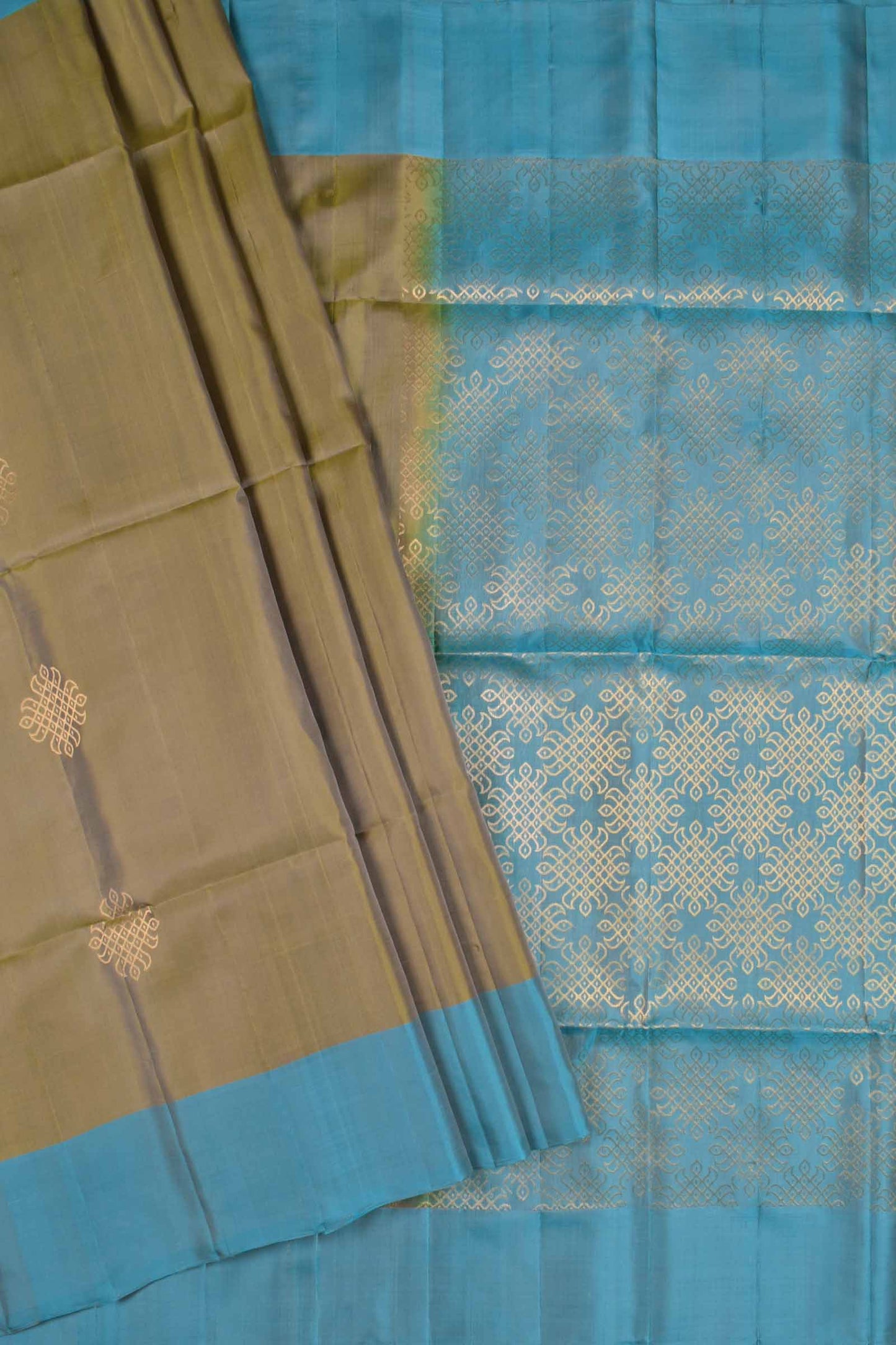 Olive Green Pure Soft Silk Kolam Butta Contrast Blue Border Kolam Pallu  Saree NAA198