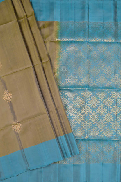 Olive Green Pure Soft Silk Kolam Butta Contrast Blue Border Kolam Pallu  Saree NAA198