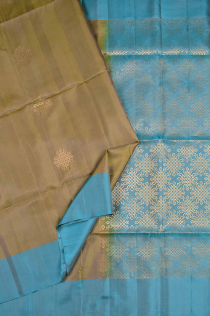 Olive Green Pure Soft Silk Kolam Butta Contrast Blue Border Kolam Pallu  Saree NAA198