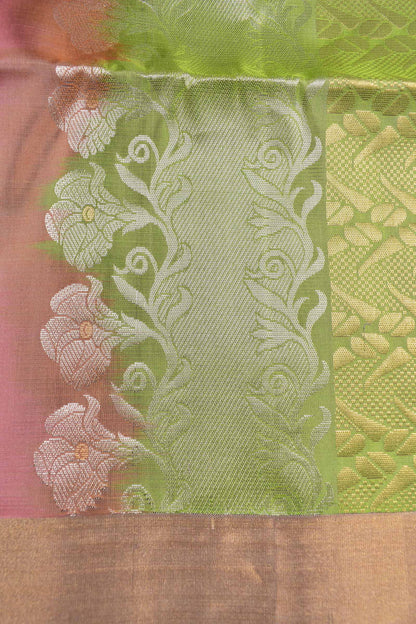 Cherry Pink Pure Soft Silk Butta Zari Border Green Fancy Pallu Saree NAA197