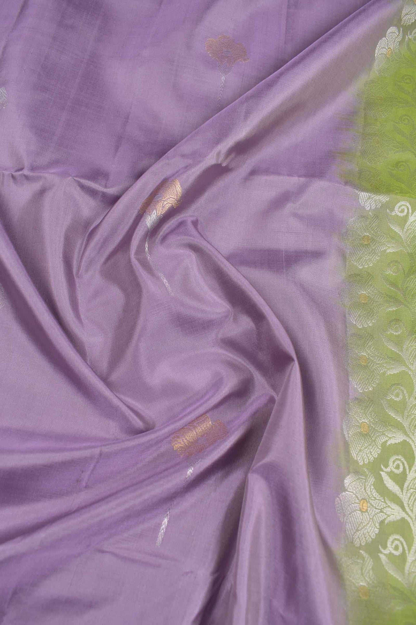 Violet Pure Soft Silk Butta Zari Border Green Fancy Pallu Saree NAA196