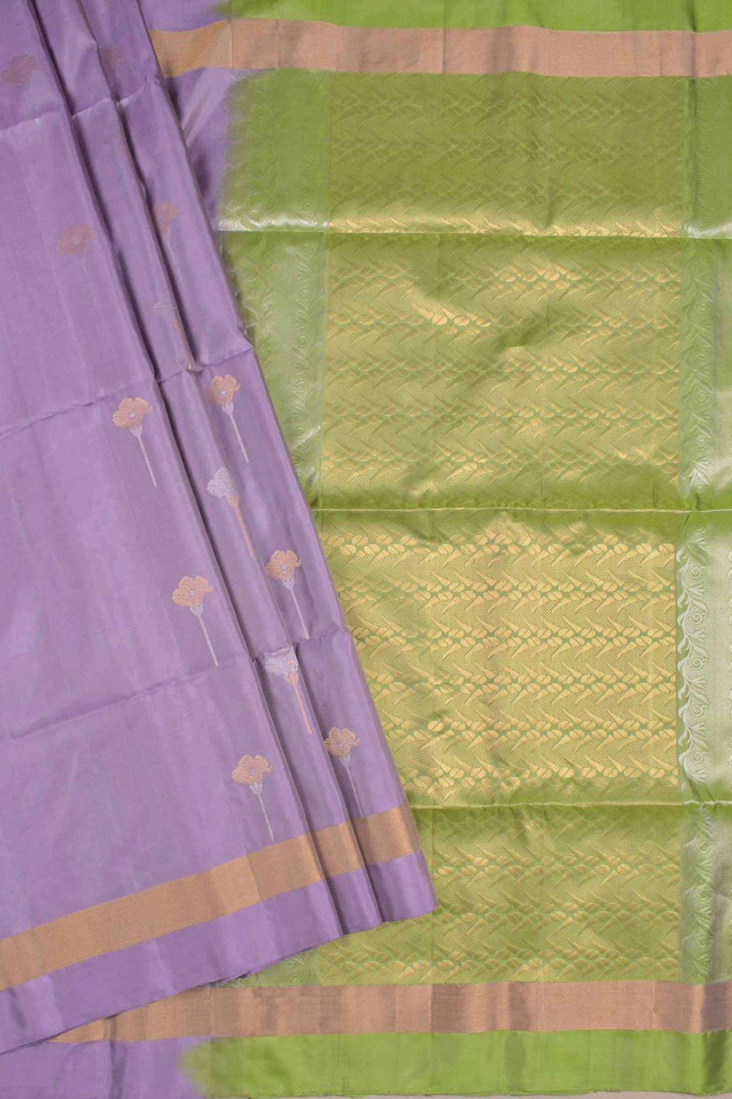 Violet Pure Soft Silk Butta Zari Border Green Fancy Pallu Saree NAA196
