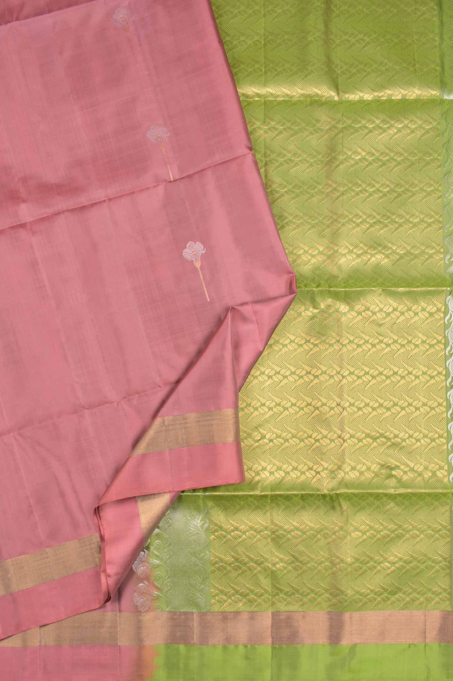 Cherry Pink Pure Soft Silk Butta Zari Border Green Fancy Pallu Saree NAA197