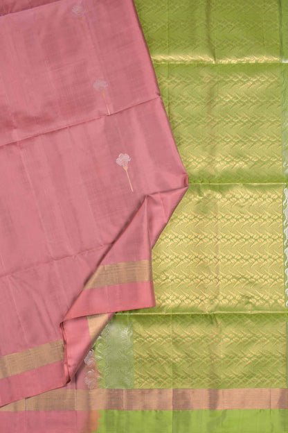 Cherry Pink Pure Soft Silk Butta Zari Border Green Fancy Pallu Saree NAA197
