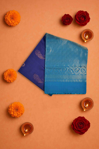 Navy Blue Pure Soft Silk Fancy Mango Butta Blue Zari Border Pallu Saree NAA193