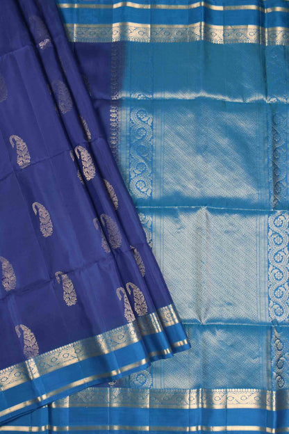 Navy Blue Pure Soft Silk Fancy Mango Butta Blue Zari Border Pallu Saree NAA193
