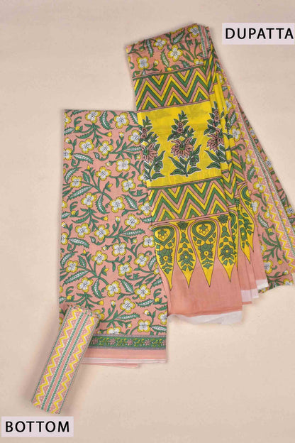 Peach Cotton Jaipur Chudithar Material Floral Vine Print Suit