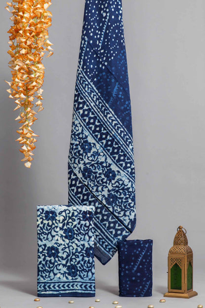 White With Blue Cotton Chudithar Material Florals Print Suit