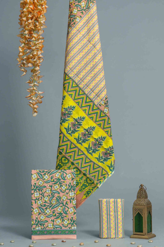 Peach Cotton Jaipur Chudithar Material Floral Vine Print Suit