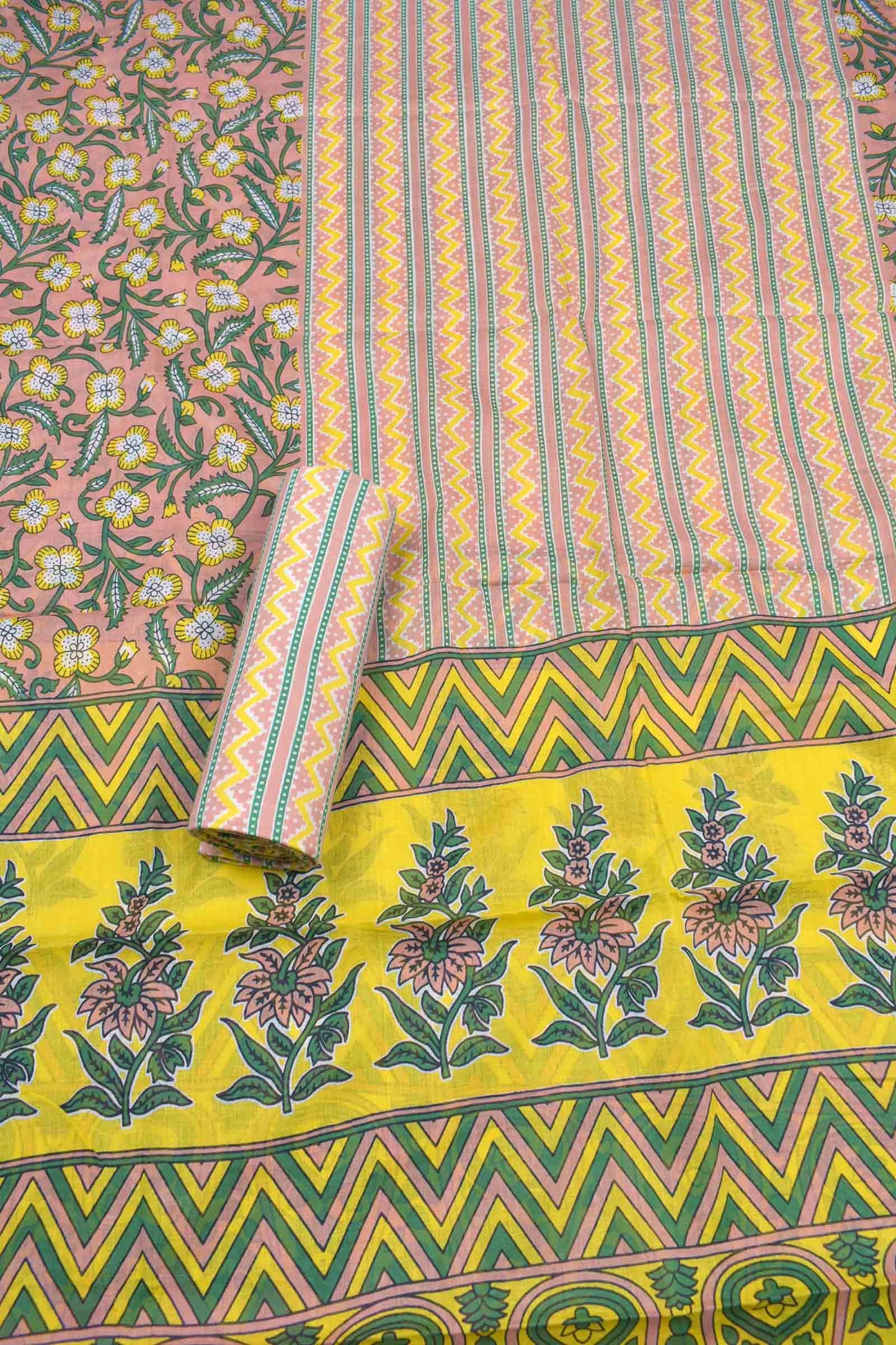 Peach Cotton Jaipur Chudithar Material Floral Vine Print Suit