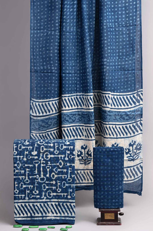 Indigo Blue Jaipur Cotton Chudithar Material Key in the House Suit