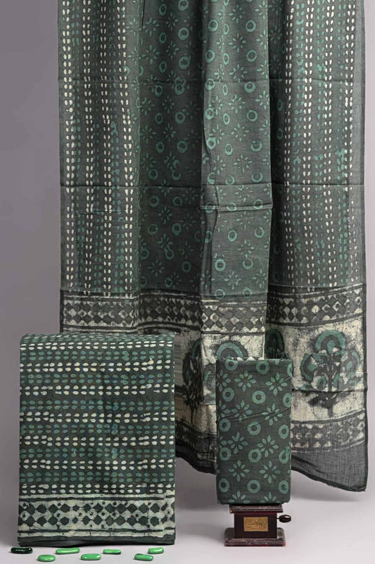 Green Cotton Jaipur Chudithar Material Print Suit