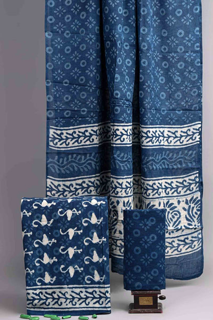 Indigo Blue Cotton Chudithar Material Flamingo Print Suit