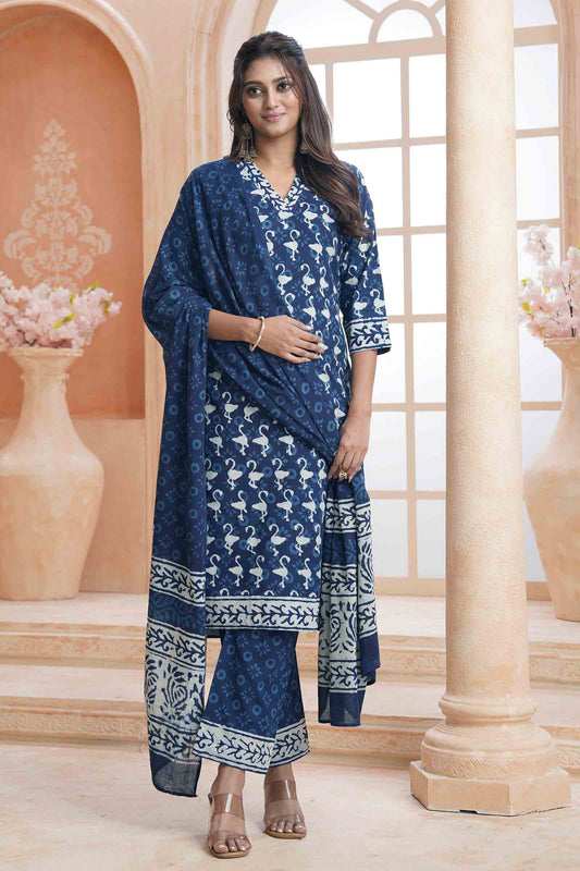 Indigo Blue Cotton Chudithar Material Flamingo Print Suit