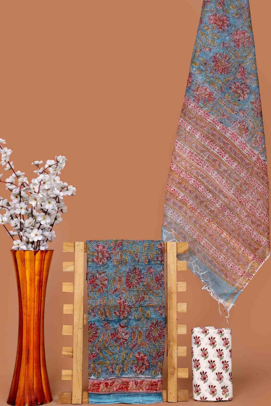 Light Blue Kota Cotton Chudithar Material Crimson Garden Print Suit