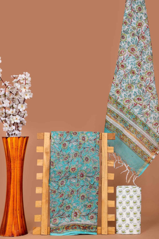 Cyan Blue Kota Cotton Chudithar Material Spring Gardenia Suit