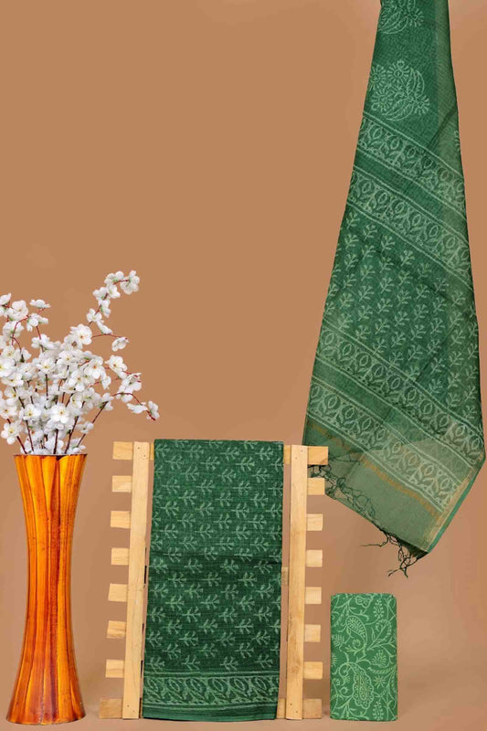 Green Kota Cotton Chudithar Material Green Forest Print Suit