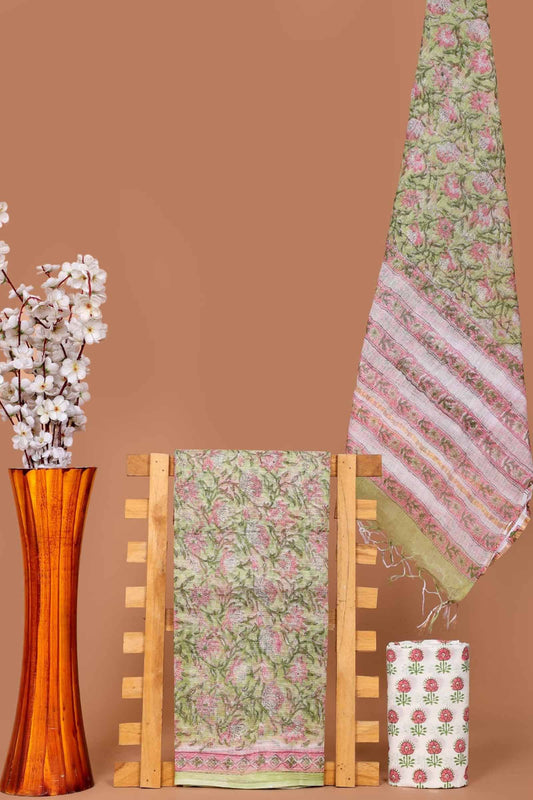 Light Green Kota Cotton Chudithar Material Floral Print Suit