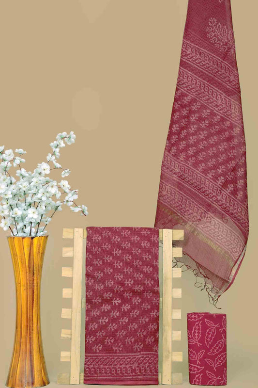 Magenta Pink Kota Cotton Chudithar Material Floral Print Suit